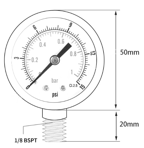 Pressure gauge - BSPT 1/8'' 0-20 Bar